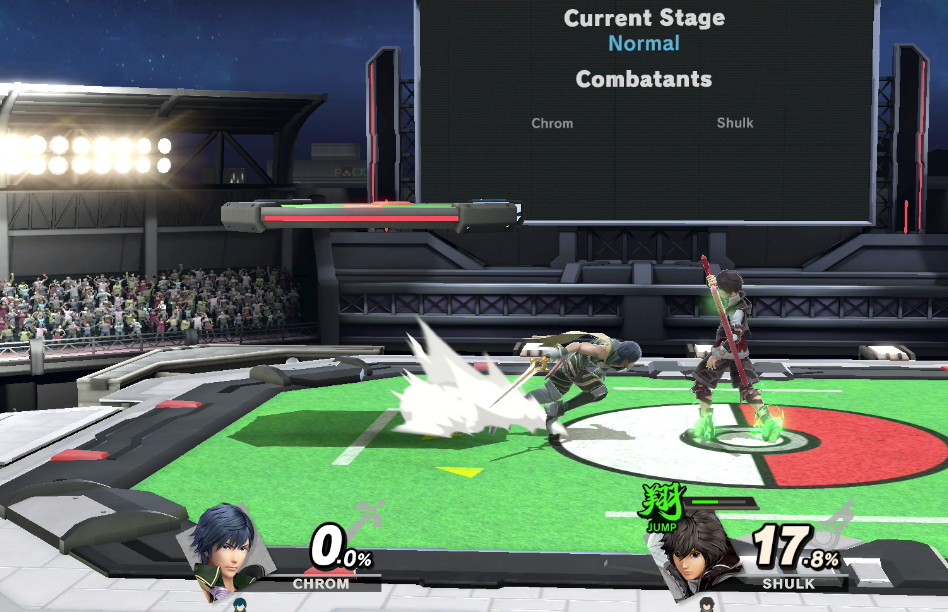 A screenshot of the match in the Pokemon Stadium stage, Bing is at 0% sprinting at J0hn, who is parrying at 15%.